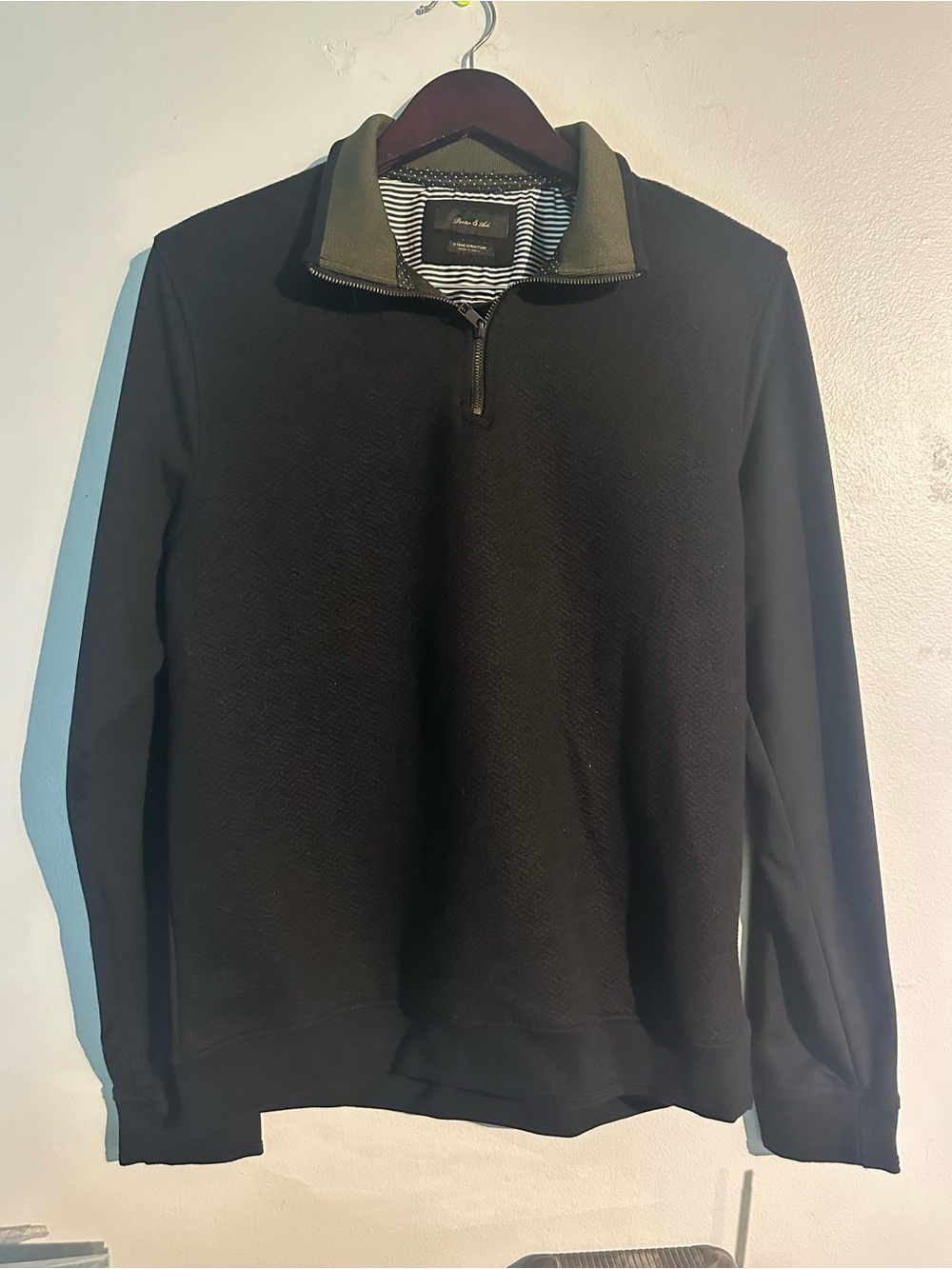 Porter & Ash Men's Black Quarter-Zip Sweater with Olive-Trim Collar
